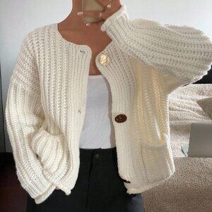 Apricot Casual Women's Texture Cardigan with Front Buttons and Pockets